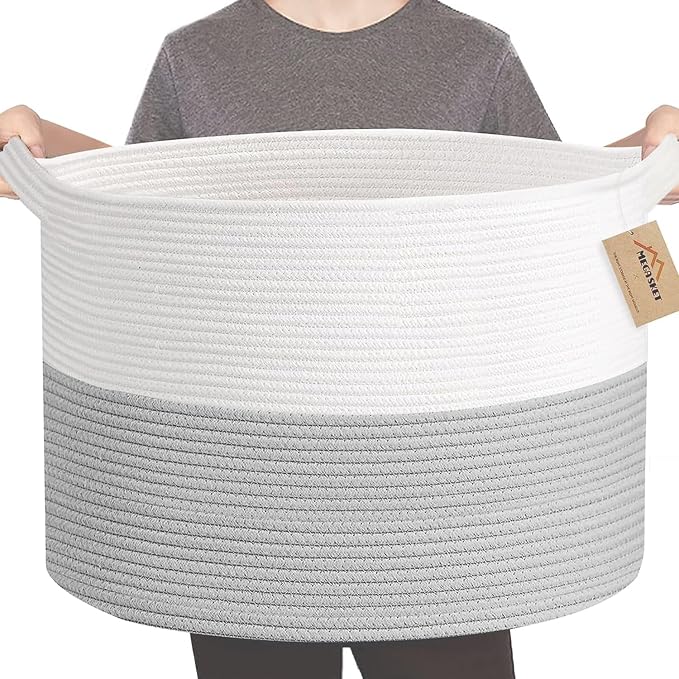 MEGASKET XXXL Large Cotton Rope Storage Bin, 22" X 14" Basket for Blankets Living Room, Woven Baby Kids Toy Storage Bin Box, Giant Throw Pillow Organizer Holder, Large Wicker Basket for Shoes, Gray