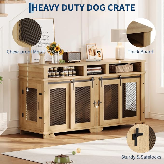 Garvee 71'' Dog Crate Furniture for 2 Dogs, Extra Large Double Dog Kennel Indoor with Removable Divider and Storage Drawers, Wooden Dog Crate TV Stand for Large Medium Dogs