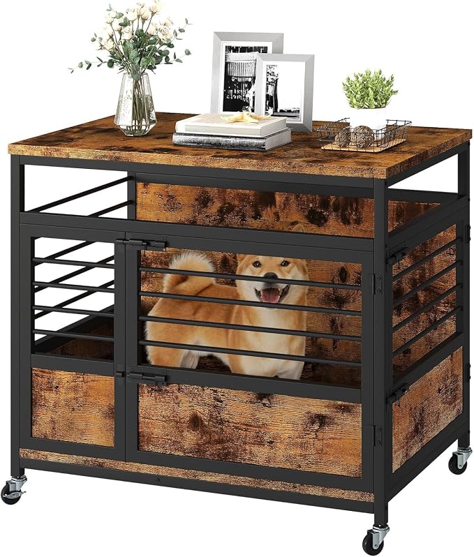 DWVO 32 Inch Dog Crate Furniture Corner End Table with Wheels | Dog Kennel Indoor Furniture for Small Dogs, Modern Decorative Wooden Dogs Cage, Chew-Resistant, Rustic Brown