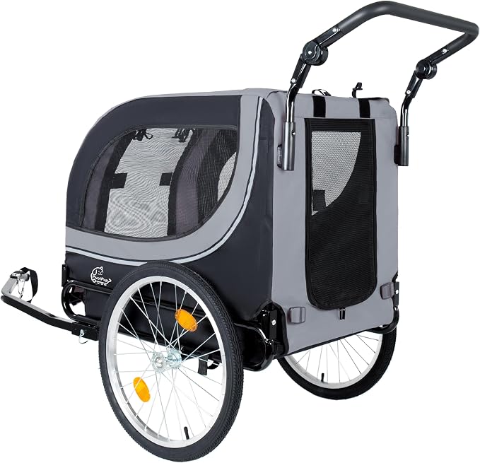 2-in-1 Bike Trailer & Pet Stroller for Dogs up to 100lbs– Foldable Pet Carrier Cart with Two 8'' Front Caster & 20'' Quick Release Air-Filled Wheels, Breathable Mesh and PVC Rain Cover, Gray
