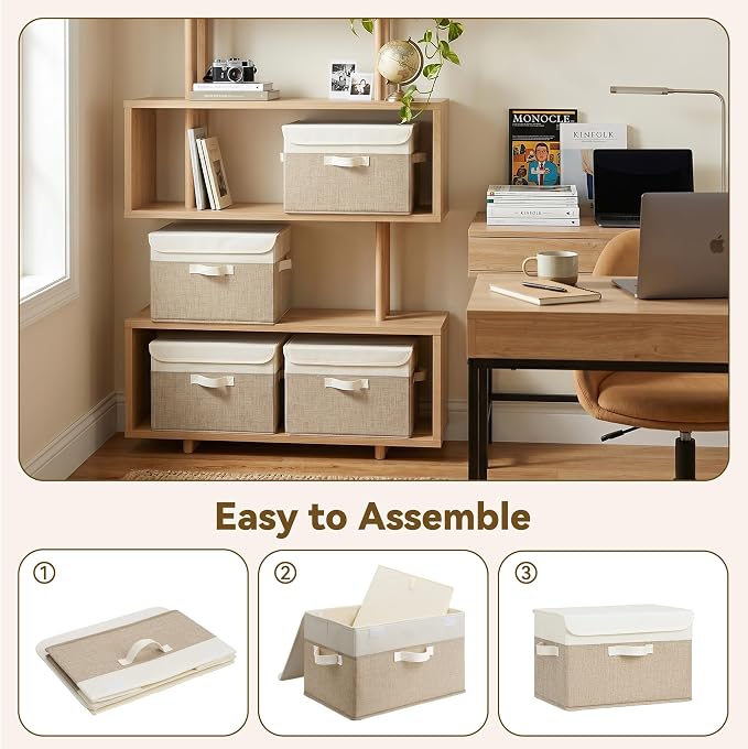 GRANNY SAYS Memory Keepsake Storage Box, Fabric Storage Bins with Lids | Flip-Top Lid, Collapsible, Stackable, 3 Handles, Ideal for Closet Clothes Blanket Toys, Large, Brown/White, 4-Pack