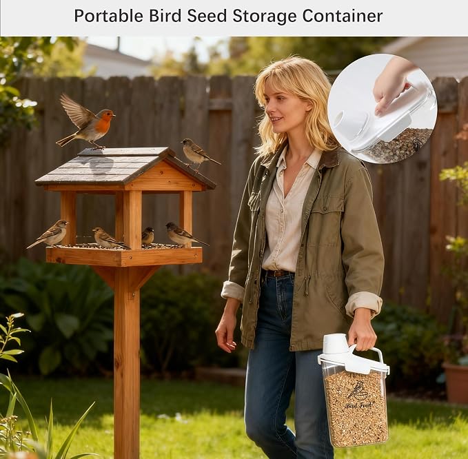 Bird Seed Storage Container Portable-3 Qt/2.8 L Clear Pet Food Container-with Measuring Cup/Lid,Airtight Wild Bird Seed Dispenser for Storing Sunflower Seed|Squirrel proof|BPA Free-White