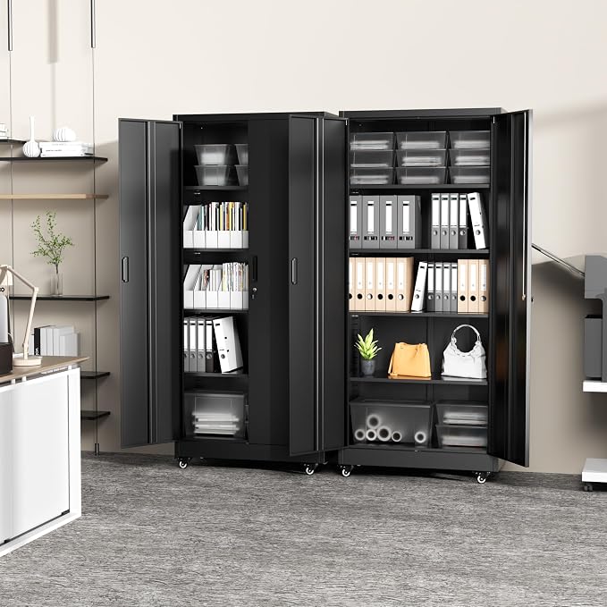 Greenvelly Metal Garage Storage Cabinet with 4 Swivel Wheels, 73" Black Storage Cabinet on Wheels, Rolling Tool Cabinet with Locking Doors and Shelves for Garage, Basement, Home, Warehouse