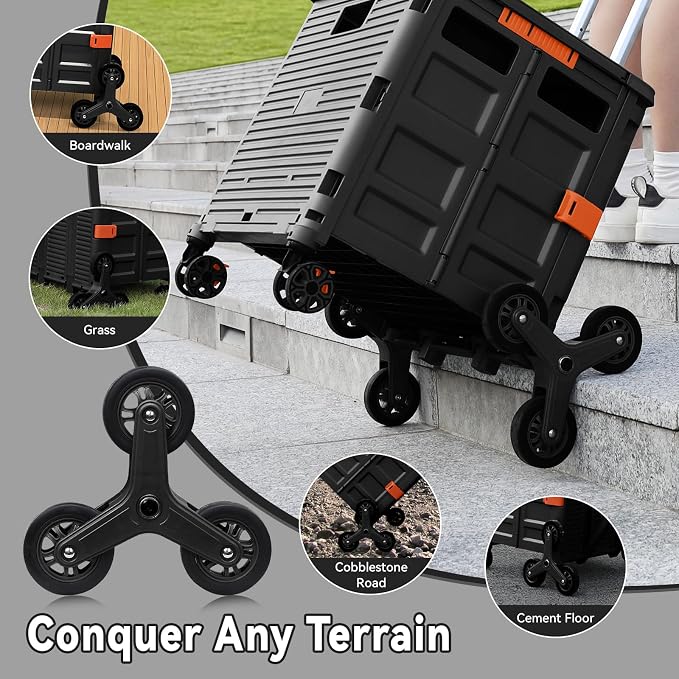 Foldable Utility Cart with Stair Climbing Wheels,Collapsible Rolling Crate with Magnetic Lid Telescopic Cover,Adjustable Telescoping Handle,360° Rotate Wheel Hand Cart for Teacher Shopping Moving