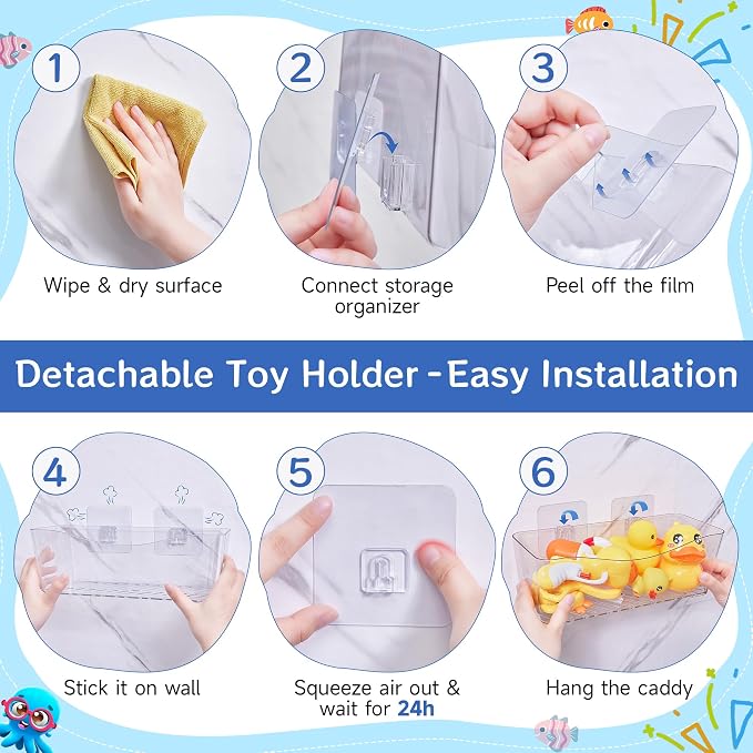 Antimbee Clear Bath Toy Storage 2 Pack, Large Bath Toy Holder (2 US Gal) | No Stains, Quick Dry, Adhesive Mount, Easy Scoop, Visibility, BPA-Free Bath Toy Organizer, Shower Caddy for Bathtub, Bathroom