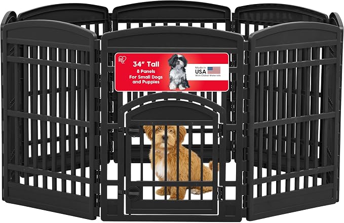 IRIS USA 8-Panel Dog Playpen, Pet Enclosure, Black | Pet Containment, Multi-Shape Setup, Flexible Boundary, Custom Pen Configuration, Tool-Free Assembly, Secure Door Latch