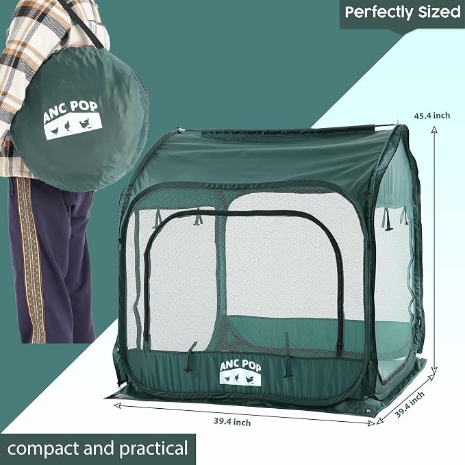 ANC POP Portable Chicken Run, Pop Up Chicken Tent for Small Animals Outdoor Gardening Net with 3 Doors and Handbag, Easy to Install and Storage, Green (40 x 40 x 45)