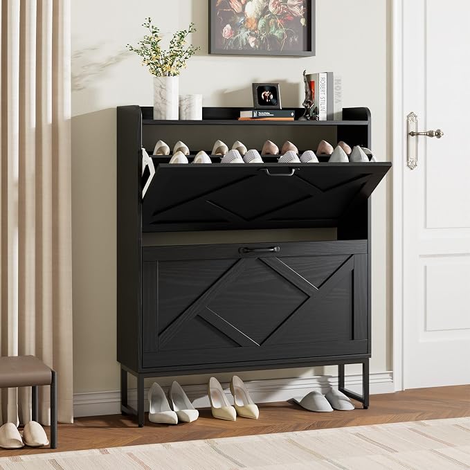 Shoe Storage Cabinet with 2 Flip Drawers, Entryway Cabinet, Black | Slim Shoe Cabinet with Metal Legs, Narrow Farmhouse Shoe Organizer for Entryway, Foyer, Hallway, Wood Shoe Rack with Hook