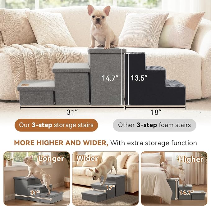 Zerbuger Dog Stairs with Storage, Small Grey 3 Steps Dog Ramp no Condo | 18" H Wider Dog Steps for High Beds Couch, Folding Storage Pet Stairs Gift for Climbing Small/Medium/Large Old Dogs Cats