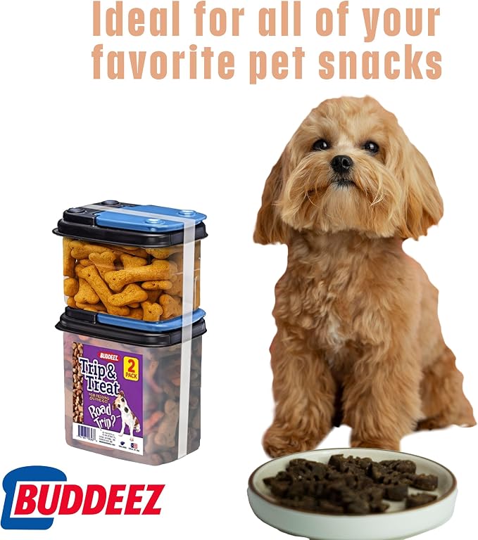 Buddeez Trip and Treat - Pet Food Storage with Flip Lid - Stackable BPA Free Treat Containers - Travel Food Dispenser for Pets - 1QT and 0.6QT