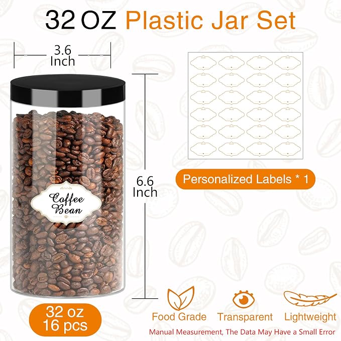 PeacePeo 32 OZ Plastic Jars with Lids, 16 Pcs Food Storage Containers | Large Wide Mouth Reusable Empty Jars, Easy Clean, Airtight, Cylinder & Stackable, for Pantry, Kitchen and Home Organization