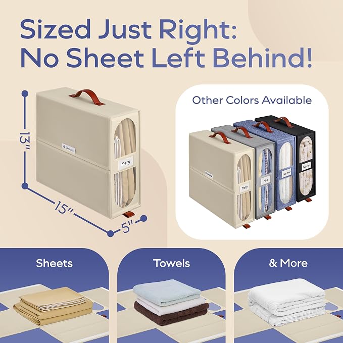 8x Bed Sheet Organizer Storage Boxes with Big See-Through Windows | Bedsheet Organizers Redesigned. Robust Bed Sheet Storage | 15x13x5 in. Sheet Organizers Containers (Off-White)