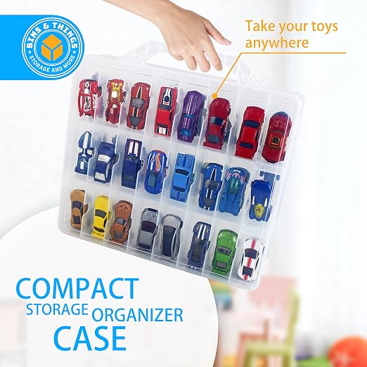 Bins & Things Hot Wheels Display Case and Toy Car Storage Organizer, Double sided 48 - Multi Compartment Plastic Car Toy Organizer Compatible with Lego, LOL Surprise Matchbox cars storage case - Blue