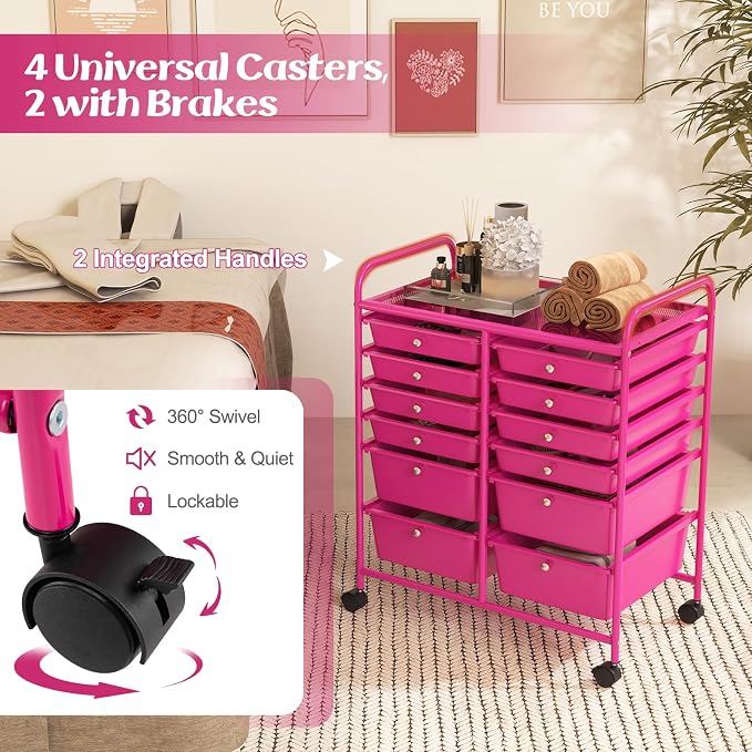 12 Drawer Rolling Storage Cart, Art Cart Organizer on Wheels, Mobile Utility Cart with Drawers, Multipurpose Craft Drawers for Home Office School Classroom (Hot Pink)