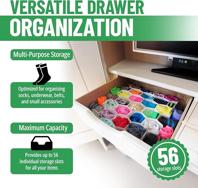 Evelots 2-Pack Honeycomb Drawer Organizers, 56 Cells, Expandable, White | Expandable modular dividers create 56 cells to organize socks, underwear, bras & baby clothes in dresser or nursery drawers.