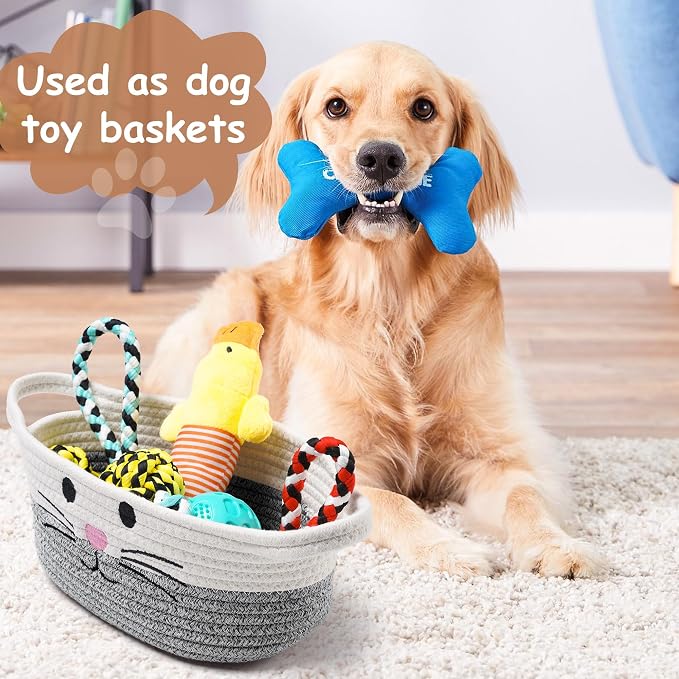 Small Woven Baskets for Organizing Rope with Handle Cute Cotton Basket for Nursery Gift Dog Cat Toy Storage Basket for Toy Organizer-Gray