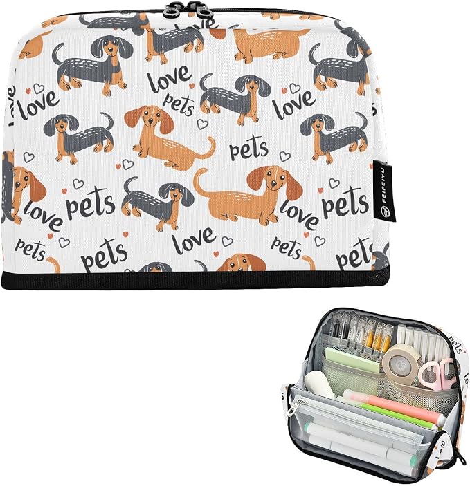 panksolu Dachshund Dogs Pet Pencil Case Large Capacity Pencil Pouch with Zipper Portable Pen Bag Organizer Standing Supplies Pen Bag for Office Women Men