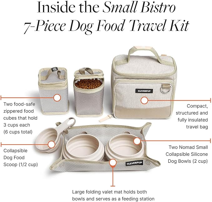 Small 7-Piece Bistro Box Dog Food Travel Kit, 6-Cup BPA-Free Kibble Storage, 2 Silicone Bowls, Mat & Scoop - Portable Pet Food Kit for Weekends, Overnights, Daycare & Camping, Sand