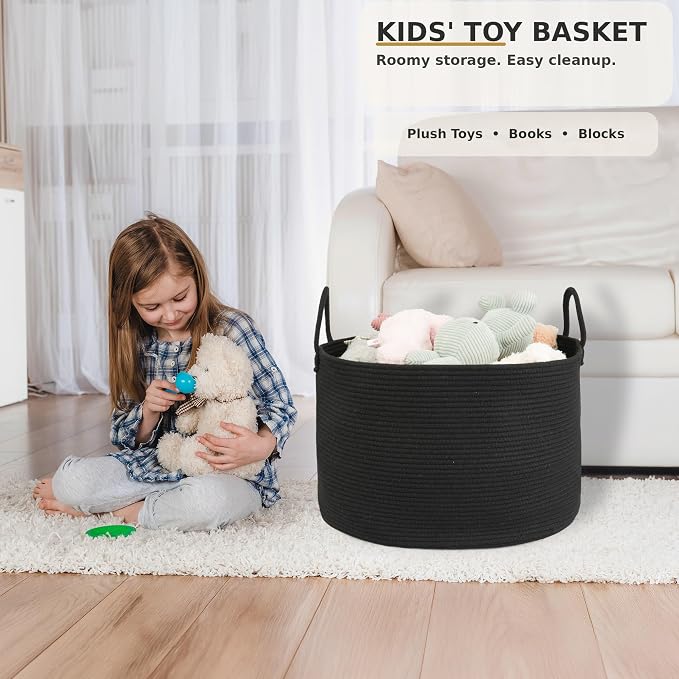 XUANGUO 66L Large Blanket Basket, Round Cotton Rope Basket, Black | 20" x 13" Laundry Basket with Sturdy Handles for Blankets, Pillows and Toys; Storage for Living Room, Bedroom and Nursery