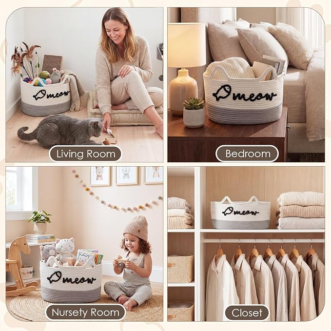 Cat Toy Basket with Cat Ear Handles, 15 x 11 x 9 in Woven Cats Toy Bin, Large Two-tone Cotton Rope Storage Box, Meow Words Organizer for Toys, Blankets, Home Decor (White, Gray)
