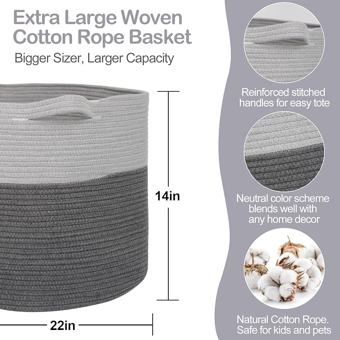 MEGASKET Extra Large Rope Basket, XXXL Woven Storage Basket, Large Blanket Storage for Living Room, Kids Room Toy Organizer Bin, Dog Toy Stuffed Animal Basket, Pillow Throw Blanket Holder, 22"x14"