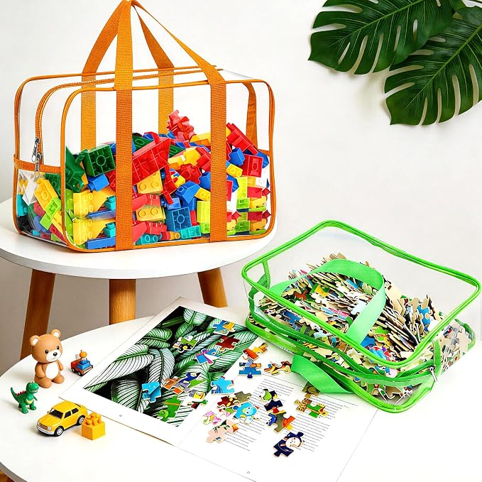 6 Color Toy Storage Bags with Labels, Reusable Clear PVC Board Game Storage, Travel Waterproof Organizer Bags with Zipper Large Capacity (L, XL, XXL)