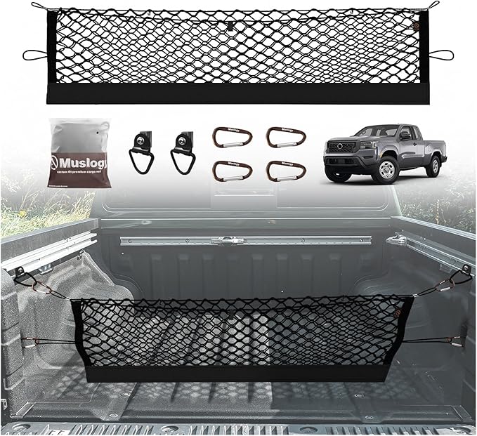Muslogy Cargo Net for Nissan Frontier 2022-2025 2026 Accessories | Custom Fit, Truck Bed Storage Organizer Net for Pickup Truck Bed Divider, Heavy Duty Carabiners, Night Visible Grab Handle