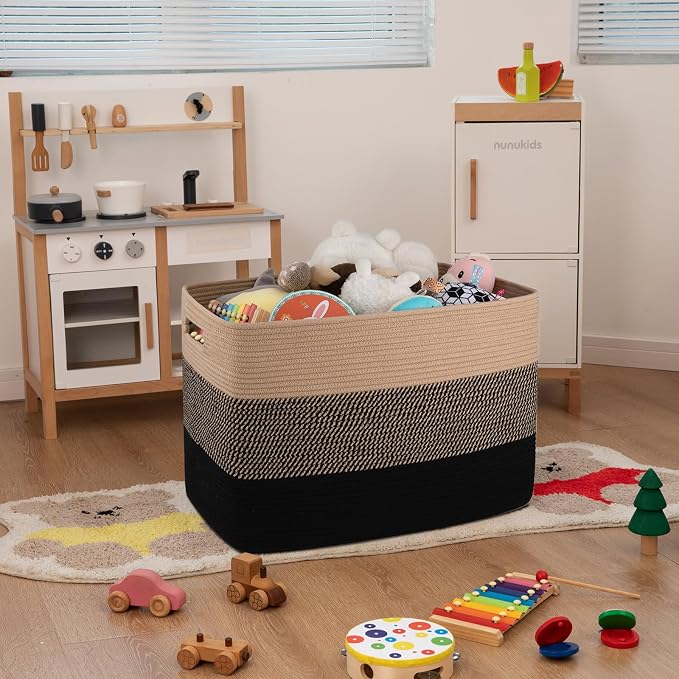 OIAHOMY 108L Extra Large Blanket Basket Dog Toy Basket Yellow and Black | Rectangle Woven Baskets for Storage Cotton Rope Basket For Living Room Toy Storage Blanket Storage Laundry Basket