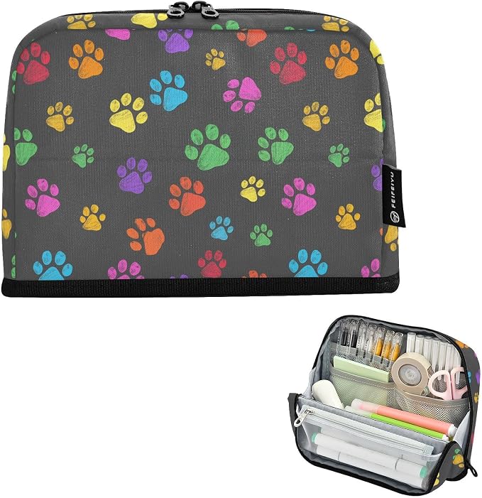 Aslsiy Large Capacity Pencil Case Bright Color Pet Paws (2) Pencil Pouch for Boys Girls Portable Pen Bag Organizer Standing Makeup Bag for School Office Supplies