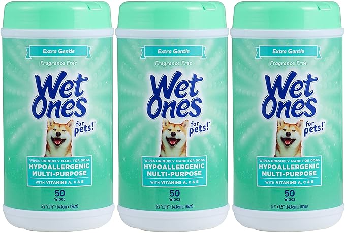 Wet Ones for Pets Hypoallergenic Multipurpose Dog Wipes with Vitamins A, C and E - Fragrance-Free All-Over Pet Grooming Wipes for Dogs in Canister, 50 Count - 3 Pack