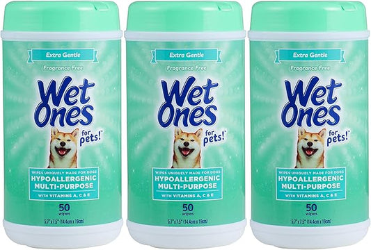 Wet Ones for Pets Hypoallergenic Multipurpose Dog Wipes with Vitamins A, C and E - Fragrance-Free All-Over Pet Grooming Wipes for Dogs in Canister, 50 Count - 3 Pack
