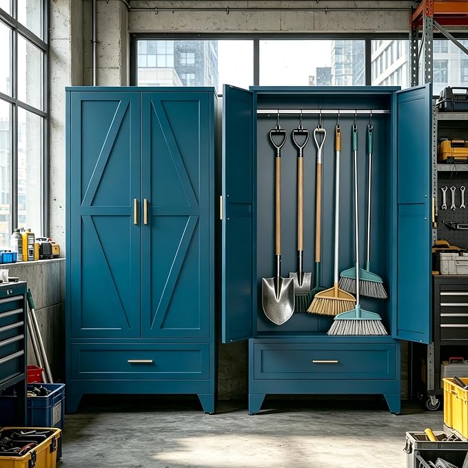 71" H Blue Storage Cabinets,Metal Storage Cabinets,Garage Cabinet,Broom Closet Storage Cabinet,Utility Cabinet