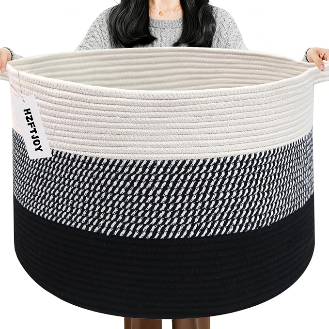 115L Extra Large Blanket Basket,Woven Laundry Basket-Mixed Black | Collapsible Nursery Storage Bin with Sturdy Handles, Organizes Clothes, Toys and Pillows for Living Room, Bedroom, Bathroom