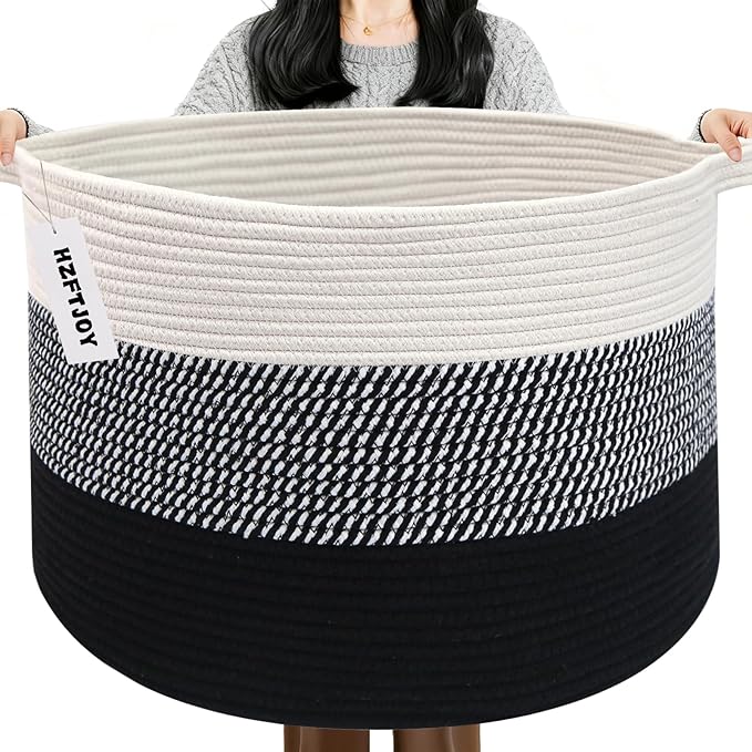 90L Extra Large Blanket Basket,Woven Laundry Basket-Mixed Black | Collapsible Nursery Storage Bin with Sturdy Handles, Organizes Clothes, Toys and Pillows for Living Room, Bedroom, Bathroom