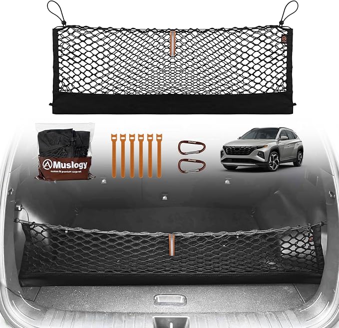Muslogy Cargo Net for 2022-2025 2026 Hyundai Tucson Accessories | Custom Fit, Trunk Storage Organizer Net for SUV Sedan Van Divider, with Heavy Duty Carabiners, Night Visible Grab Handle