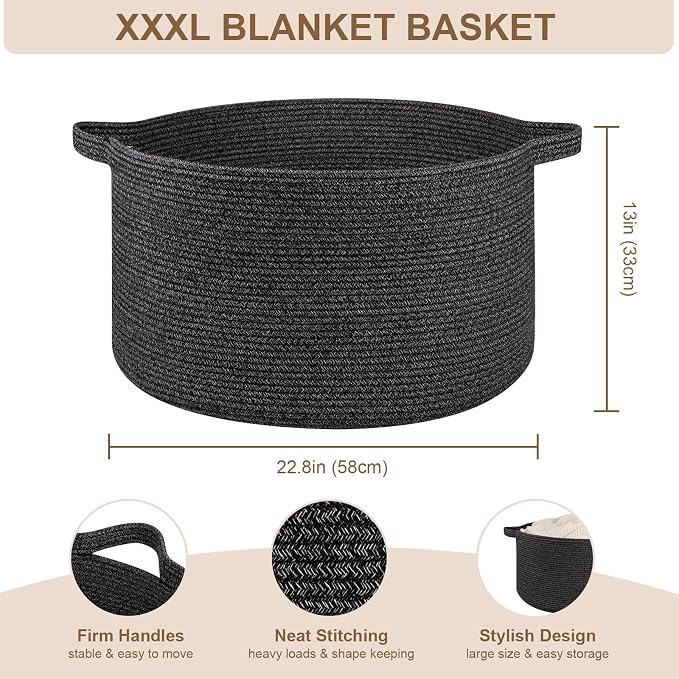 OIASKET Large Woven Baskets for Storage, 22.8" x 22.8" x 13" Blanket Storage Living Room, Baby Toy Basket for Clothes, Pillows, Towels, Shoe Basket for Entryway (Black)