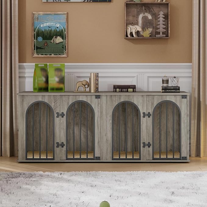 Hzuaneri 63" Double Dog Crate Furniture, Dog Kennel Indoor with Cushion | Heavy Duty Dog Crate Furniture for 2 Dogs,Dog Cage End Table TV Stand with Divider for Med-Large Dogs,Greige Black DFC80905B