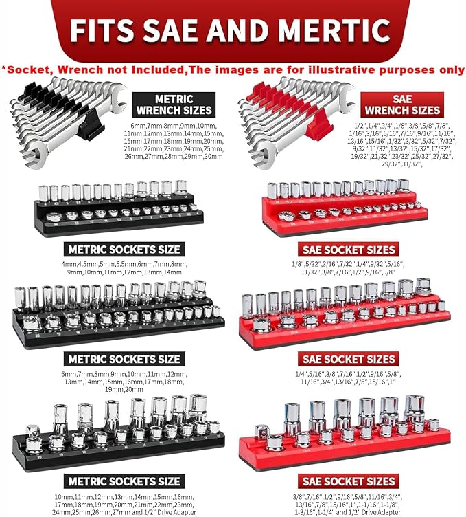 Magnetic Socket Organizer Set, 8PCS Socket Holder, 6 Socket Trays & 2 Wrench Racks, Metric & SAE Tool Box Organizer for 1/4", 3/8", 1/2" Sockets for Toolbox Storage(Socket, Wrench not Included)