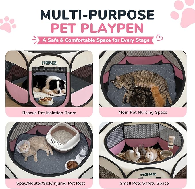 Dog Cat Small Animal Puppy Playpen Crate with Pee Pad, Large, Pink | Portable Pop Up Pet Cage Enclosure Tent Kennel Indoor Outdoor with Carrying Case, No Assembly, Camping Use