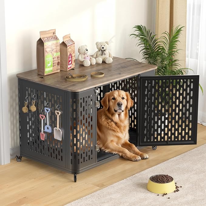 ONBRILL 43.7" Dog Crate Furniture with Cushion, Flip-Top Access and Wheels | Heavy-Duty Construction Supports Everyday Use, while Flip-Top Access Makes Feeding and Cleaning More Convenient