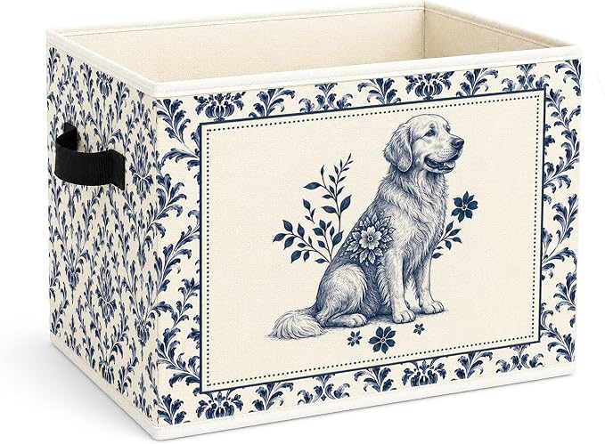 Blue Floral Golden Retriever Storage Bin, Fabric Organizer | Blue floral golden retriever storage bin for toys, books, clothes, pet supplies, shelves, closets, nurseries, and rooms.