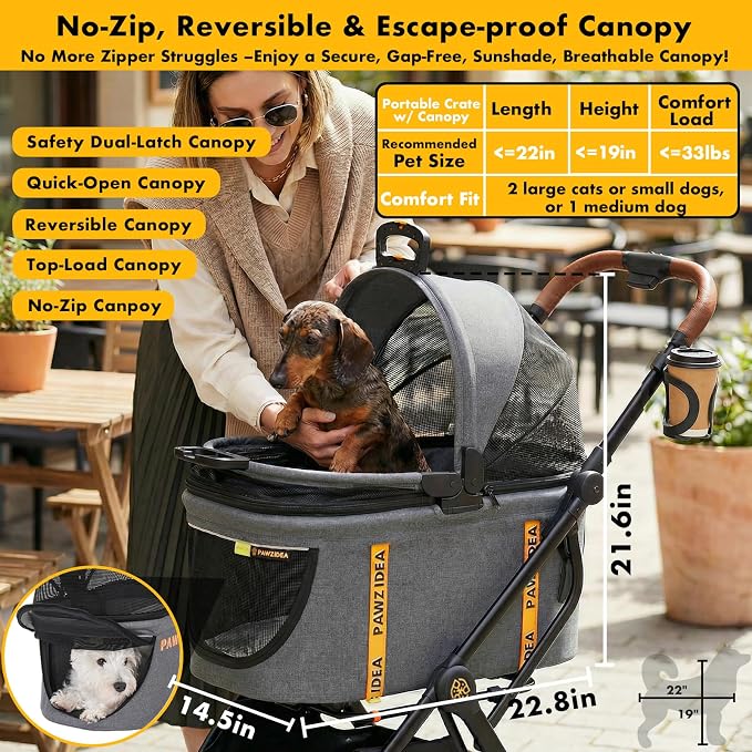 PAWZIDEA Pet Stroller 4-in-1, Foldable Cat Stroller with Detachable Carrier | Escape-Proof No-Zip Canopy, Portable Travel Crate & Car Seat Combo, for Small to Medium Dogs & Cats up 33 lbs, Storage Basket