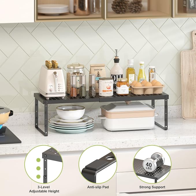 RUILALIFE Expandable Cabinet Organizer Shelf With Adjustable Height, Stackable Kitchen Countertop Organizer Rack, Adjustable Shelf Riser For Kitchen Counter, Pantry, Cupboard, Desk, Tabletop