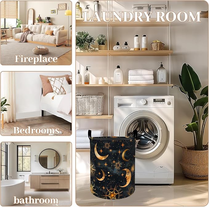 Moon and Sun Laundry Basket, Oxford Cloth Mystical Dreamy Dirty Clothes Collapsible Hamper for Room Decor, Star Celestial Print Gifts Toy Organizer 19.7 * 15.7 Inch for Bedroom Bathroom Dorm