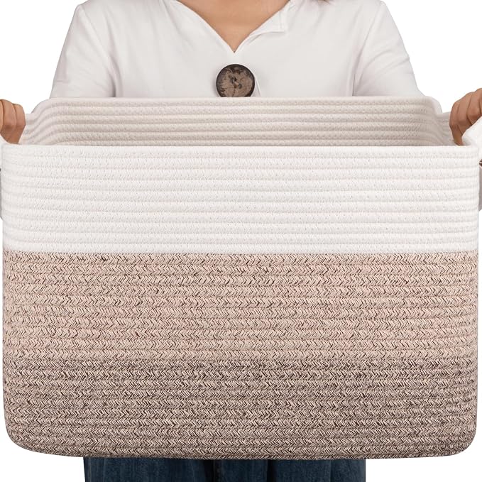 OIAHOMY Woven Blanket Basket Laundry Basket Dog Toy Basket Gradient Brown | Large Storage Basket,Baby Basket,Toy Storage,Woven Rope Basket for Blankets,Blanket Storage for Living Room