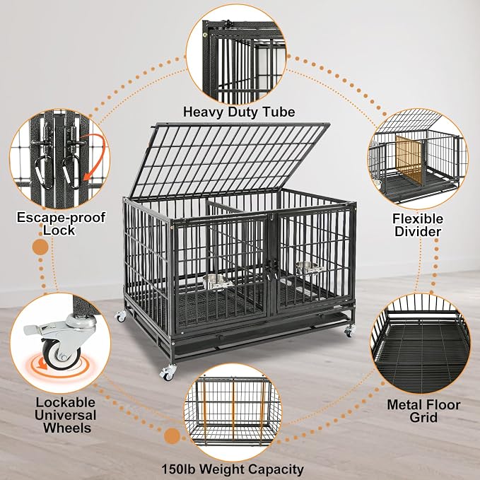 Homey Pet 43" Heavy Duty Dog Whelping Box for Puppies + Dog Crate on Wheels | Front Door, Top Open, Lockable Wheels, Removable Tray, Detachable Divider & Bowl | Airflow & 360° View | Easy- Move & Clean