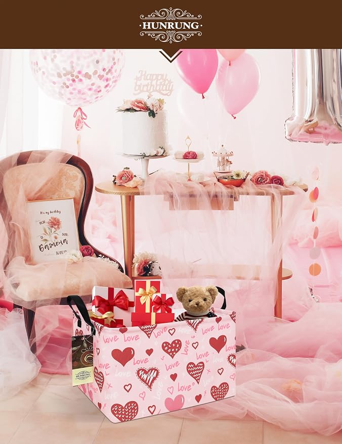 Rectangle Canvas Foldable Storage Basket for Nursery, Pink Love Heart