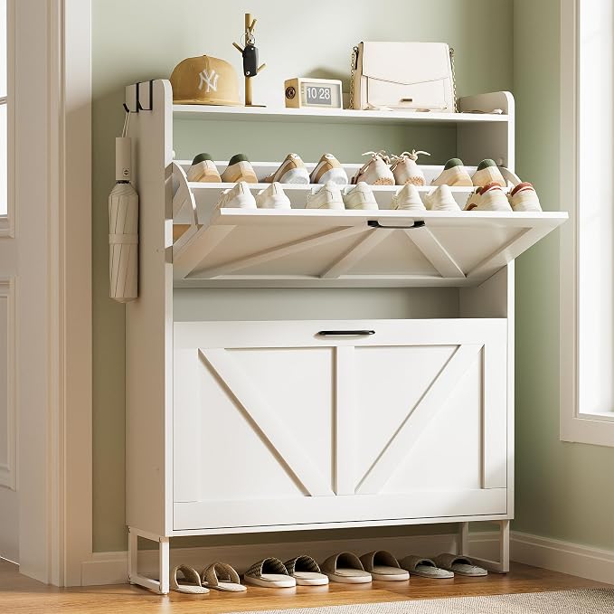 Urban Deco Shoe Storage Cabinet for Entryway, 2 Flip Drawers Shoe Organizer, Elegant 2-Tier Freestanding Shoe Cabinet with Anti-Tipping Design (White)