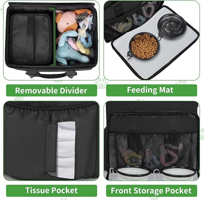 TORIBIO Large Dog Travel Bag for Supplies with Food Bowl | With 2 Food Container and Collapsible Bowls, Mat & Divider, Water-resistant, Pet Travel Kit for Weekend, Road Trips, Camping