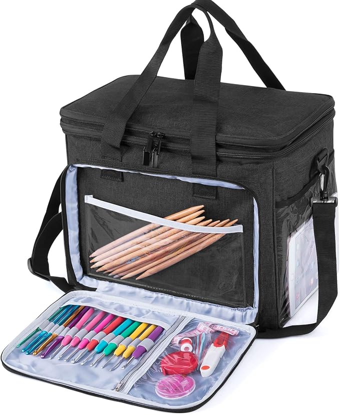 Teamoy Crochet Bag, Knitting Bag Yarn Storage Tote, Yarn Organizer, Black | Yarn Holder for Crocheting, with Inner Divider and Cover, for Yarn Skeins, Project, Knitting Needles, and Crochet Supplies